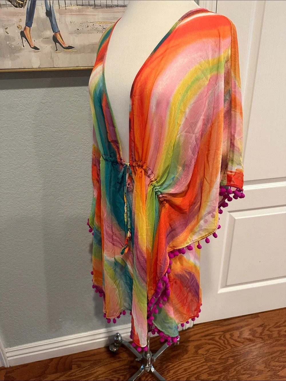 Bleu Rod Beattie Sz 2X Multicolor Rainbow Pom-Pom Swim Coverup - Picture 4 of 10